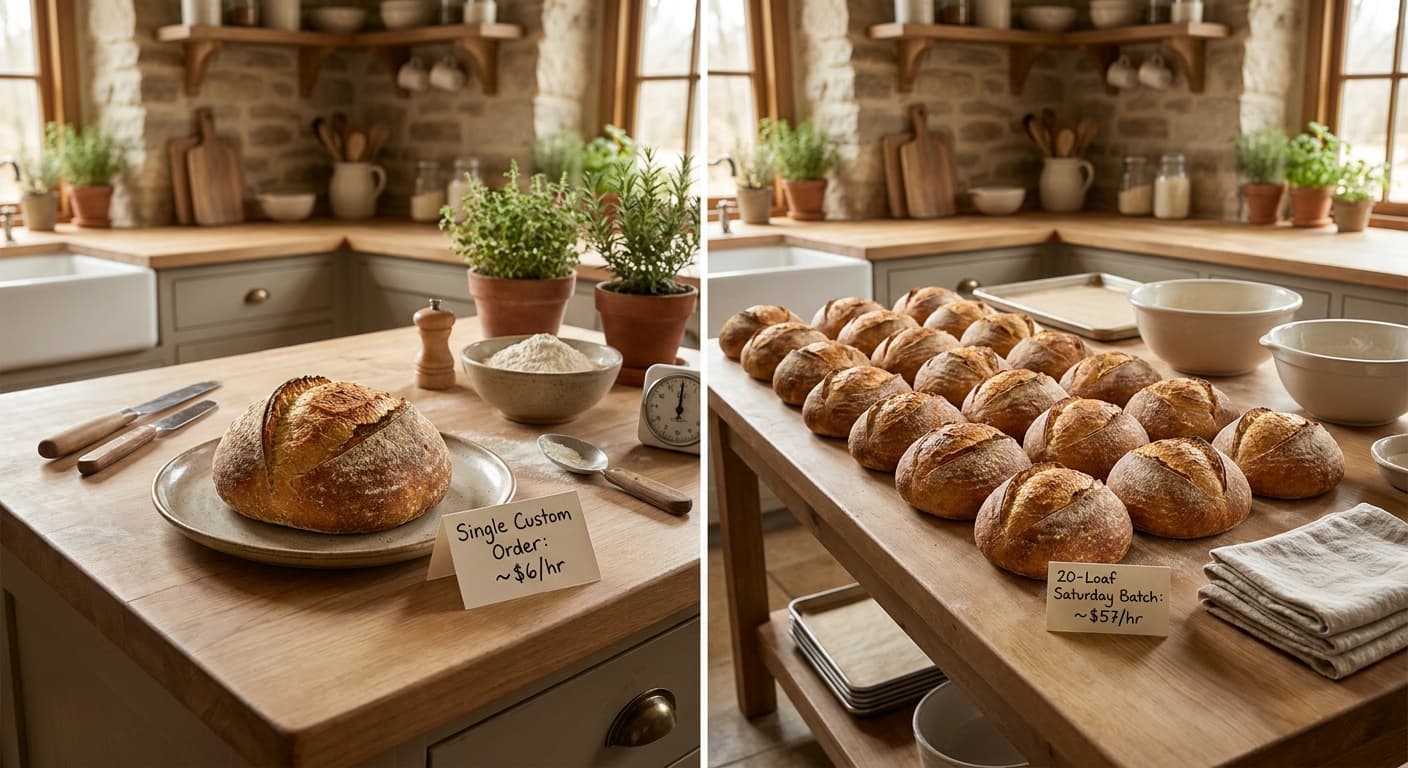 Custom order economics — side-by-side comparison showing a single-loaf custom order with 90 minutes fixed overhead earning ~$6 per hour versus a 20-loaf Saturday batch with the same overhead spread across 20 units earning ~$57 per hour — same product, same price, same baker
