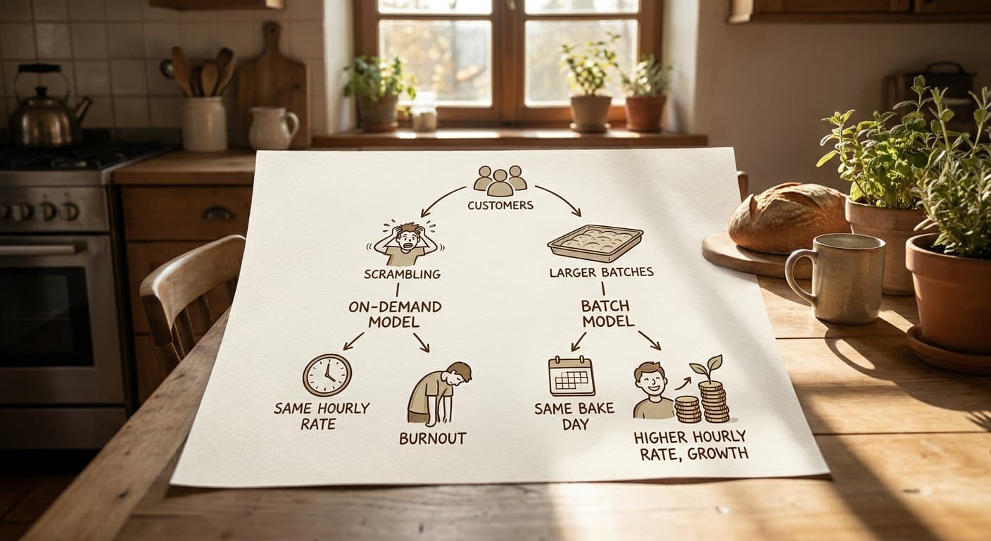 Two-path diagram — on-demand model path: more customers leads to more scrambling, same hourly rate, burnout; batch model path: more customers leads to larger batches, same bake day, higher hourly rate, growth
