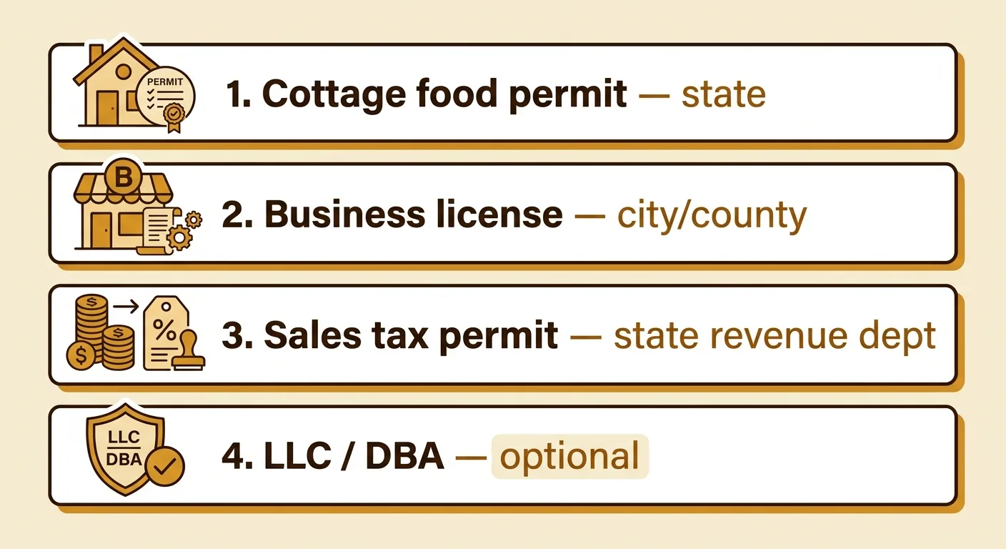 The four approvals home bakers confuse — cottage permit, business license, sales tax, LLC