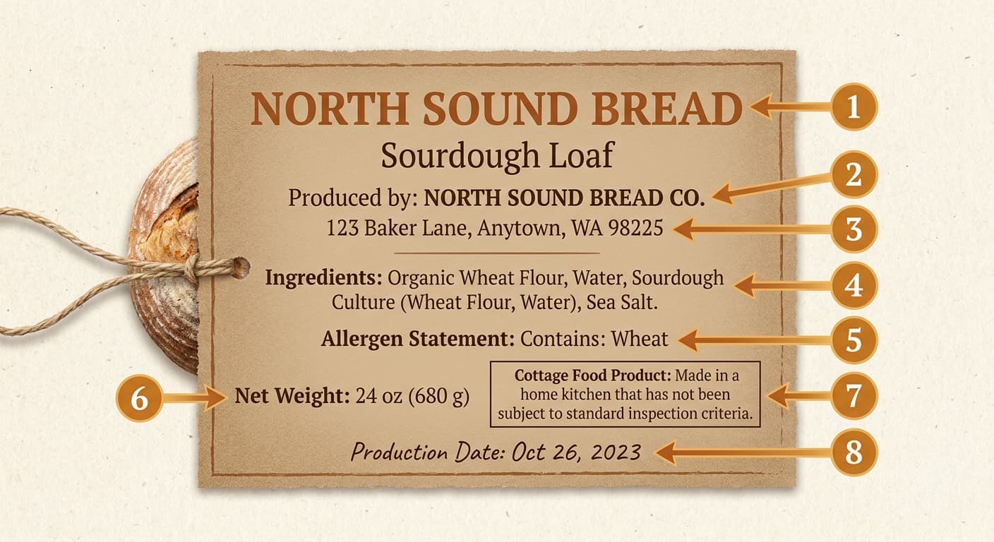 Annotated cottage food label diagram for a fictional "North Sound Bread" sourdough loaf with eight numbered amber callouts: 1) Product name, 2) Business name, 3) Physical address, 4) Ingredients list in descending weight order, 5) Allergen statement — "Contains: Wheat," 6) Net weight in oz and grams, 7) Cottage food disclaimer in a bordered box, 8) Production date. Cream/kraft background, warm serif type, editorial infographic style.