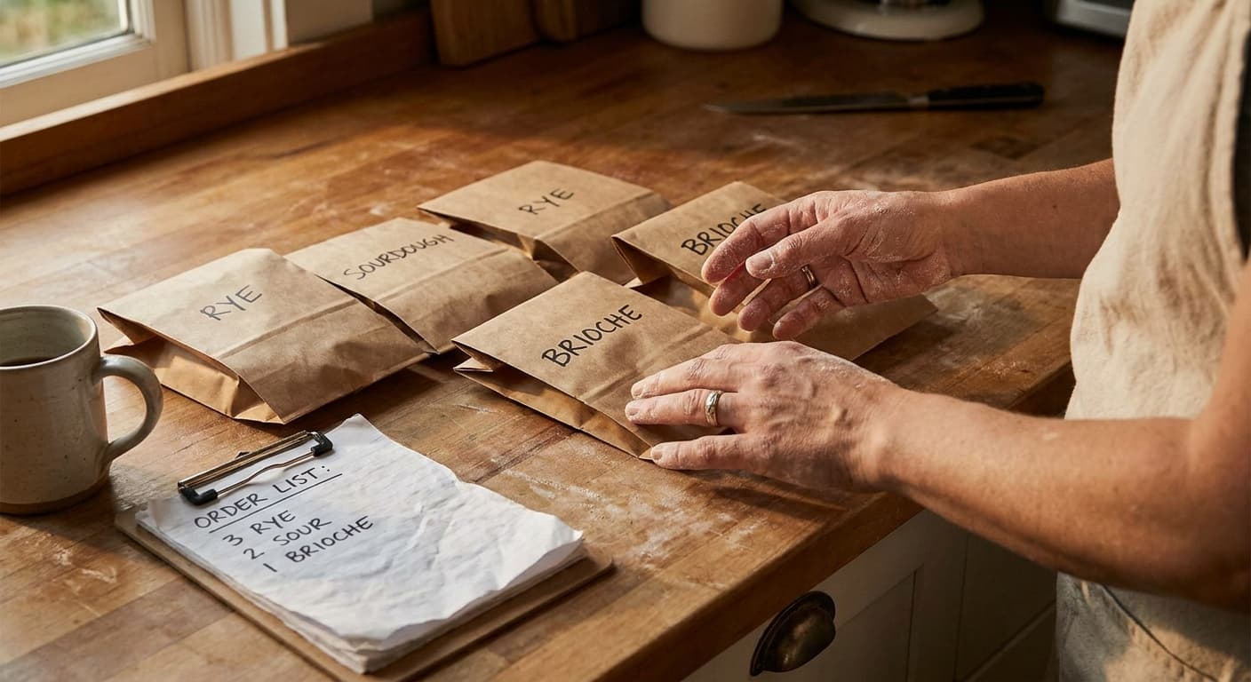 Close-up editorial photograph of a baker's hands arranging small labeled paper bags on a wooden kitchen counter at early morning light, a handwritten order list visible nearby, no faces, warm documentary style, no text overlays, no staged elements, no stock photography feel