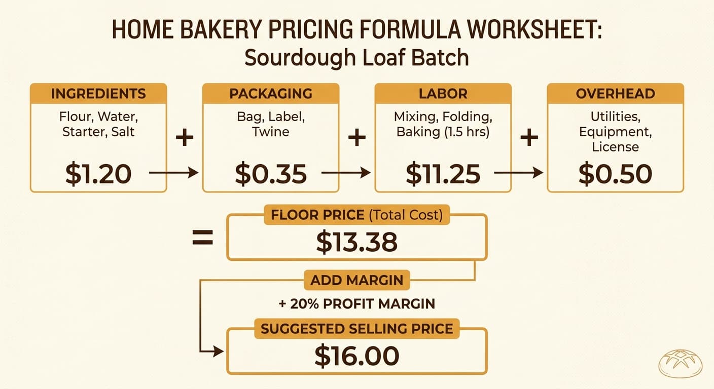 Pricing formula worksheet infographic for a home bakery batch showing four cost components with a sourdough loaf example: ingredients $1.20 + packaging $0.35 + labor $11.25 + overhead $0.50 = floor price $13.38, then 20% margin added = $16.00 suggested selling price. Cream background, warm amber accents, clean sans-serif type, no decorative borders.