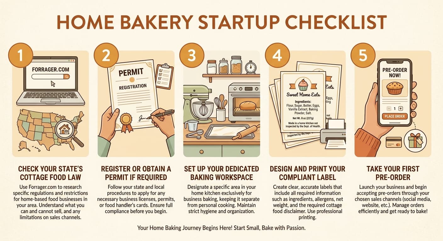 Home bakery startup checklist infographic with five steps: 1) Check your state's cottage food law on Forrager.com, 2) Register or obtain a permit if required, 3) Set up your dedicated baking workspace, 4) Design and print your compliant label, 5) Take your first pre-order. Cream background, amber numbered callouts, warm editorial infographic style, no decorative borders.