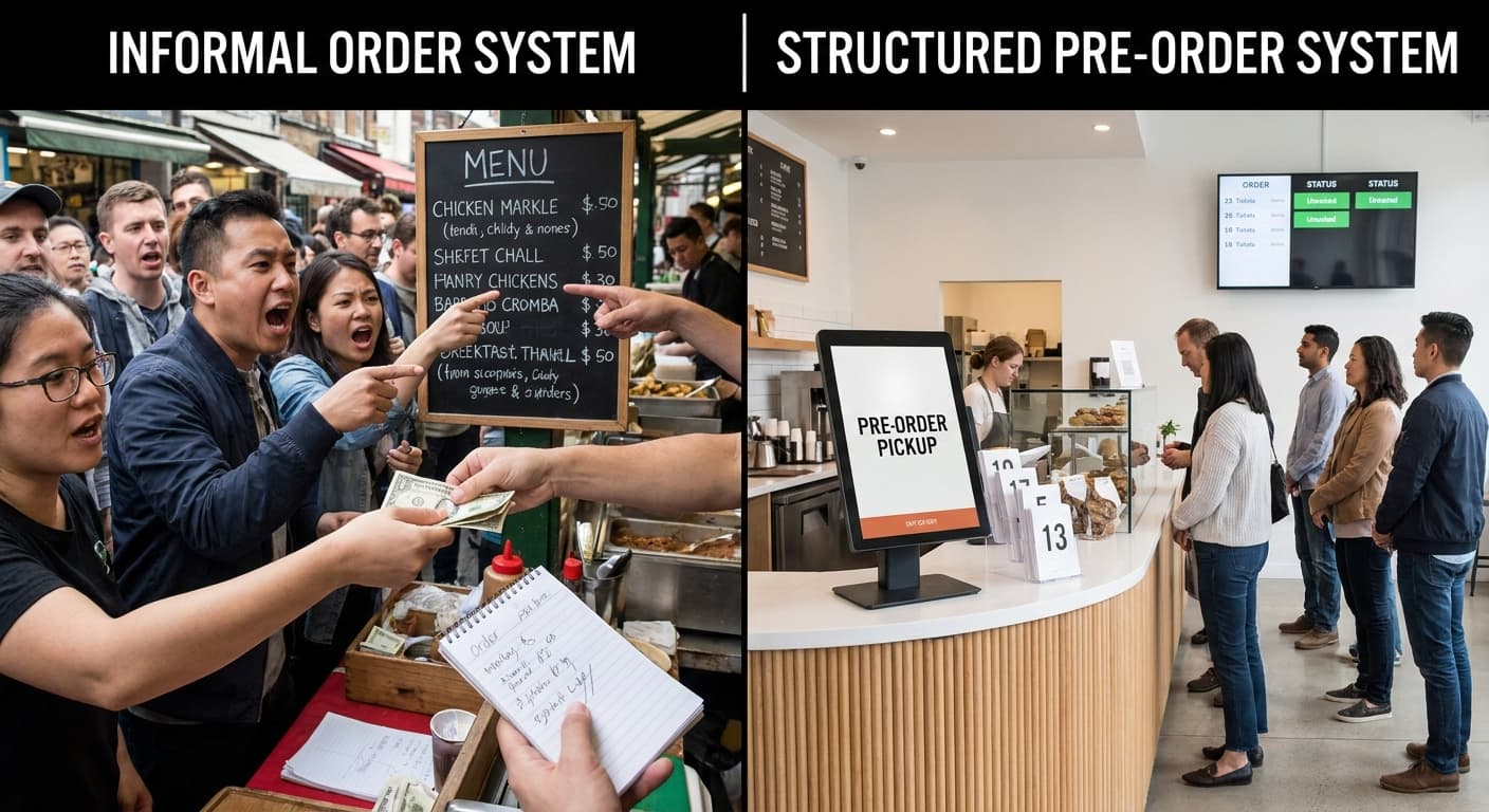 Split comparison showing the informal order system versus a structured pre-order system