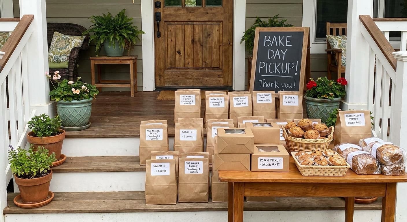 Organized bake day with labeled bags ready for porch pickup