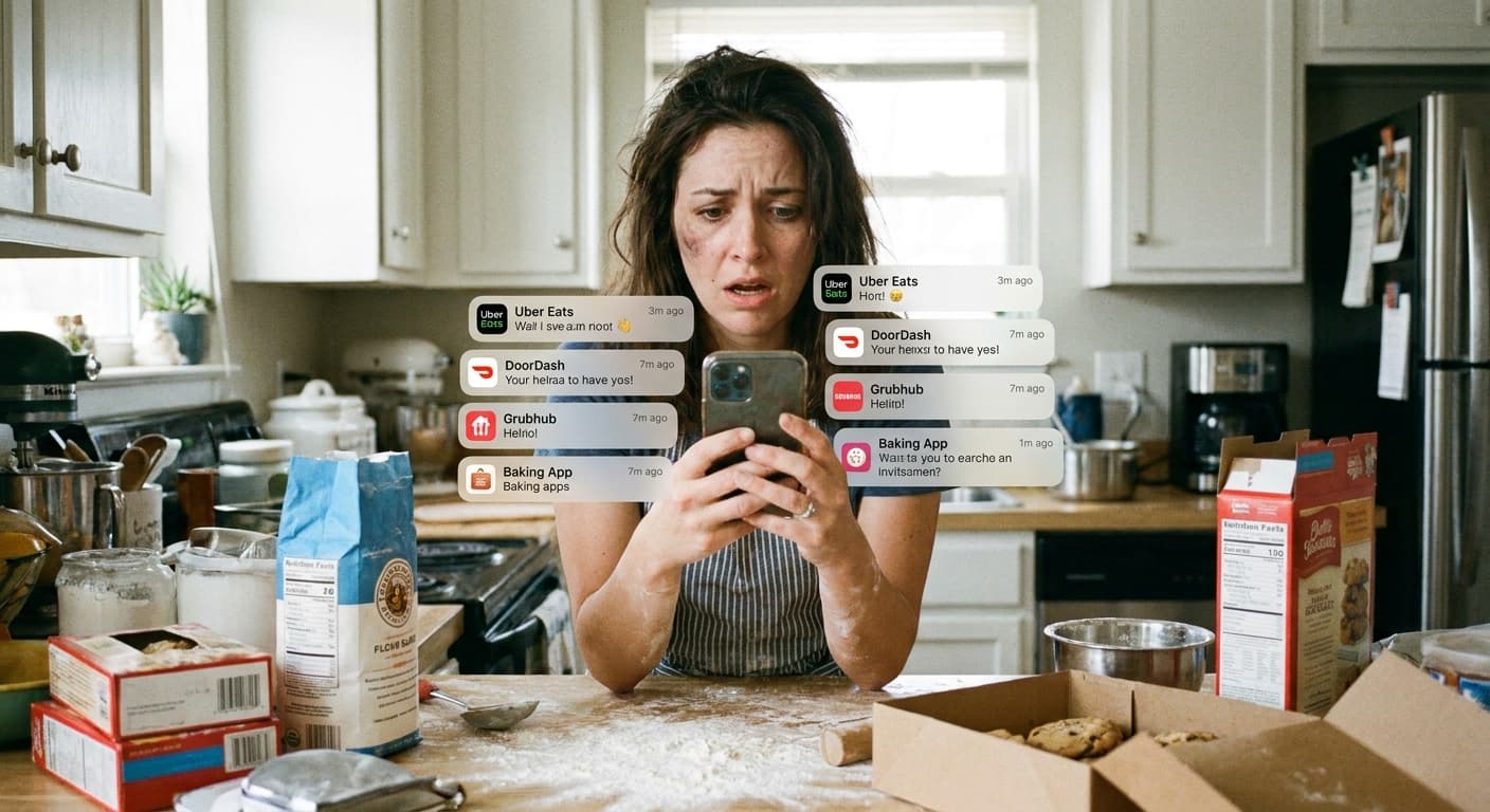 A home baker looking overwhelmed by multiple order apps on her phone