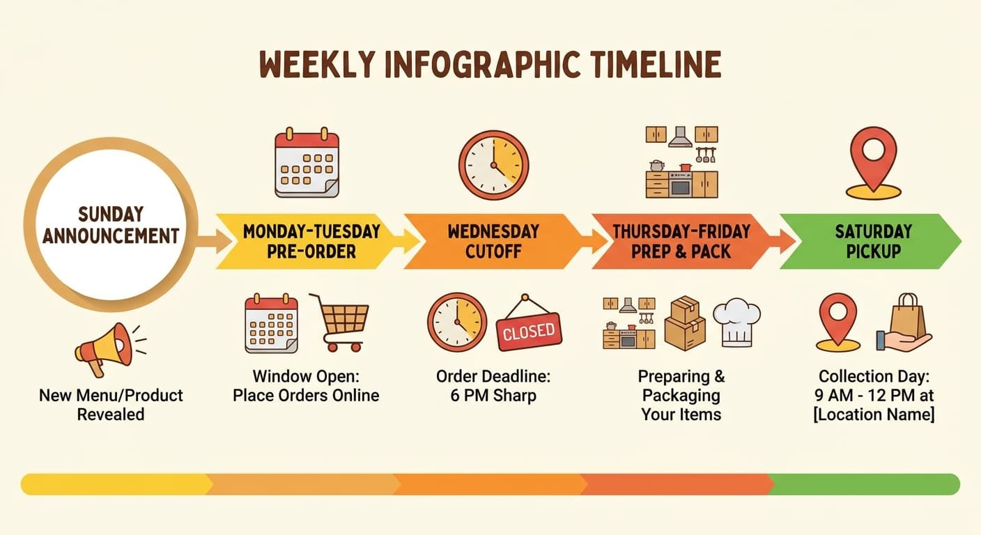 Weekly pre-order timeline showing Sunday announcement through Saturday pickup