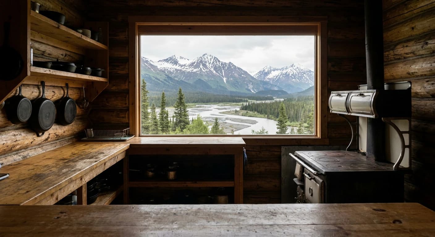 Scenic Alaska mountain landscape with a rustic cabin kitchen, no people, no text, no logos, documentary photography style