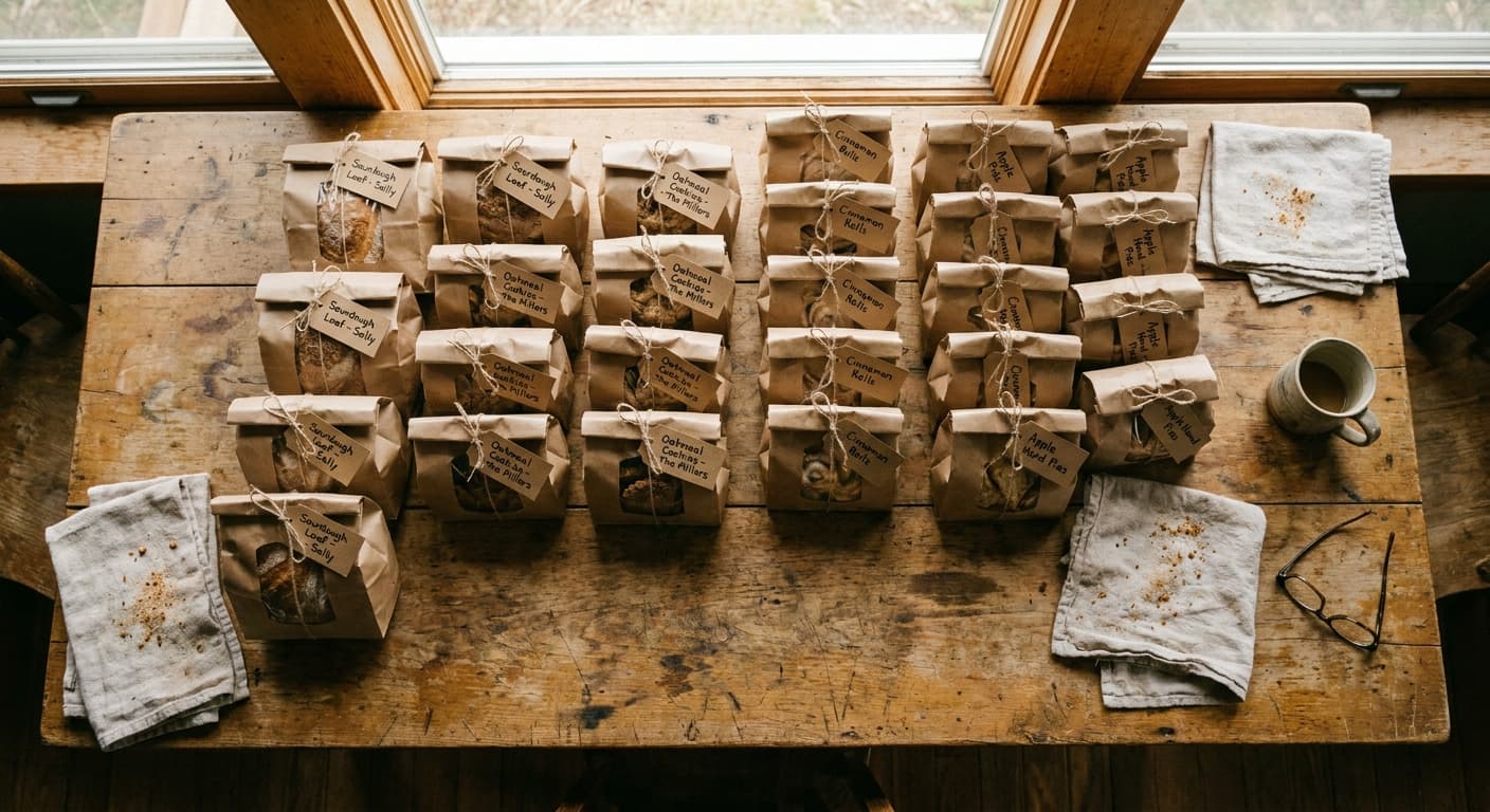 Editorial photograph looking down at a worn wooden kitchen table covered with neatly arranged brown kraft paper bags of baked goods, each with a small handwritten label attached, lined up in rows as if ready for a Saturday porch pickup, warm natural overhead light, no faces visible, no text overlays, documentary style, muted earthy tones, not styled stock photography