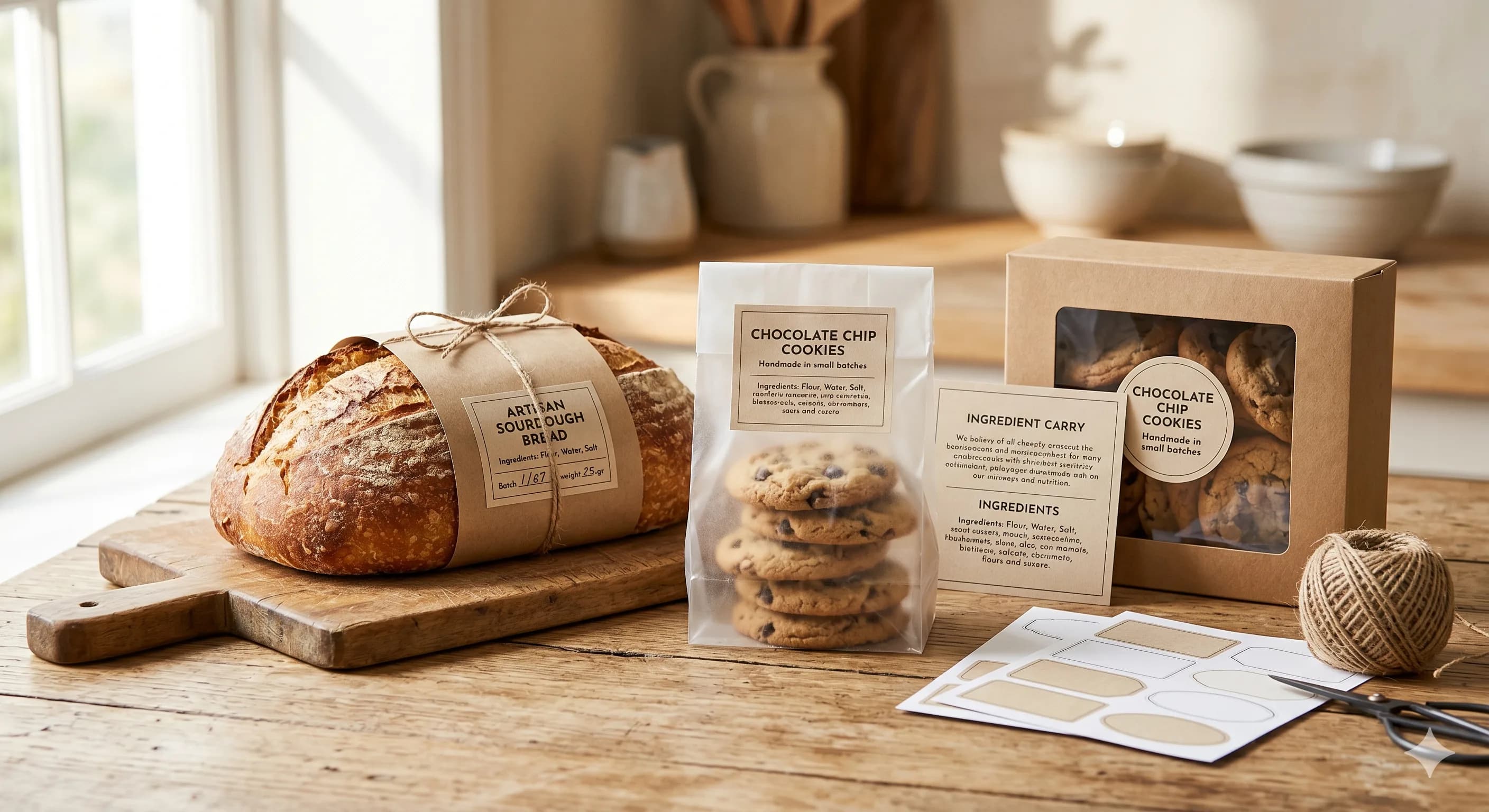 Styled cottage food label guide cover image with example label cards and checklist layout