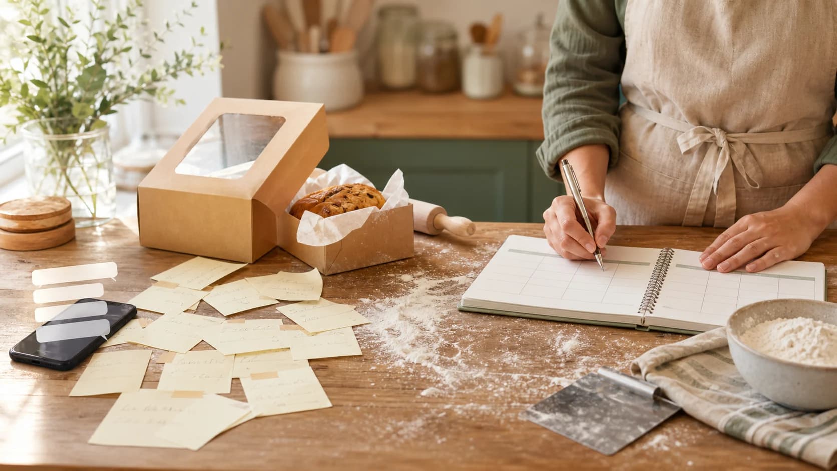 Home bakery counter with scattered custom order notes and a baker planning a weekly batch schedule