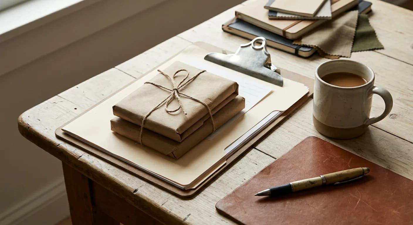 Close-up editorial photograph of a home baker's tidy paperwork corner — a clipboard and folder, a coffee mug, a small stack of kraft-wrapped baked goods, and a pen on a wooden desk in warm morning light, warm cream, kraft, and amber tones, no faces, no phones, no readable text on any document, documentary style, muted earthy palette, not styled stock photography
