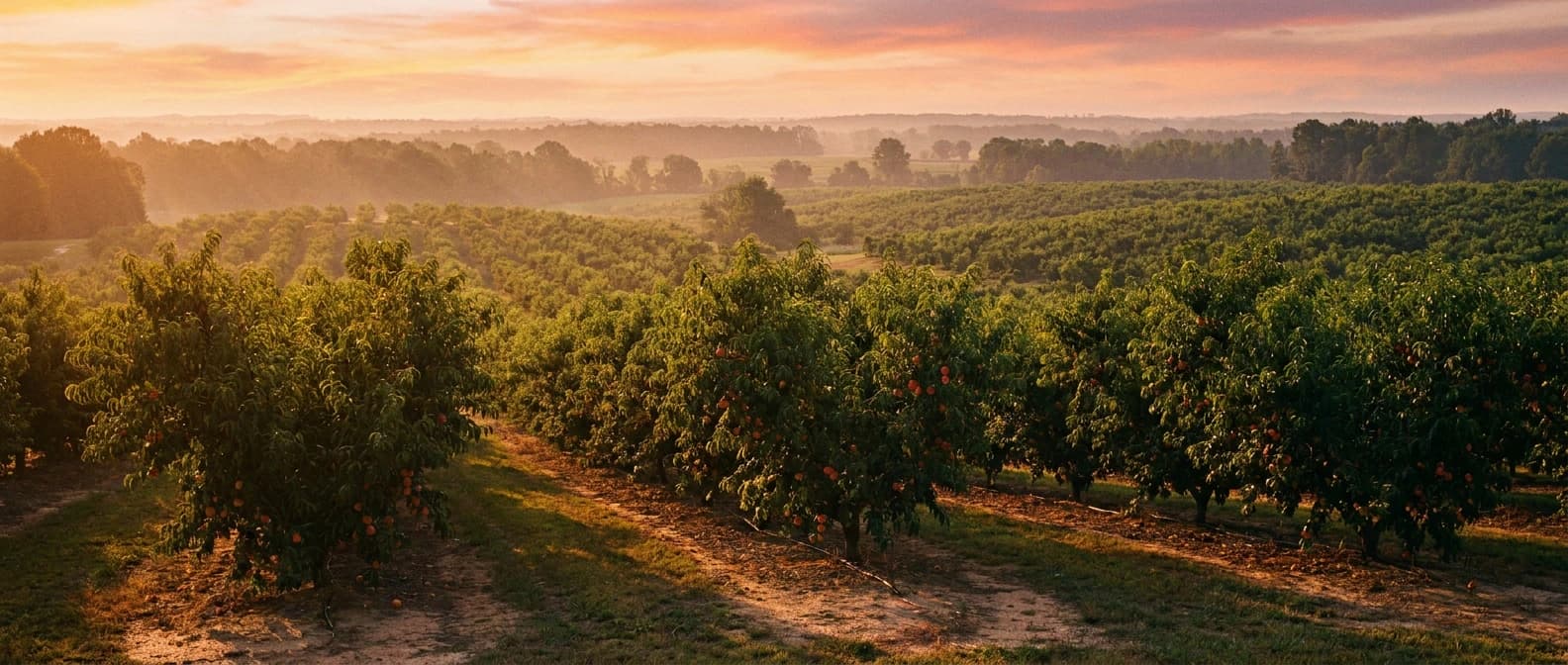 Georgia peach orchard in late-afternoon light