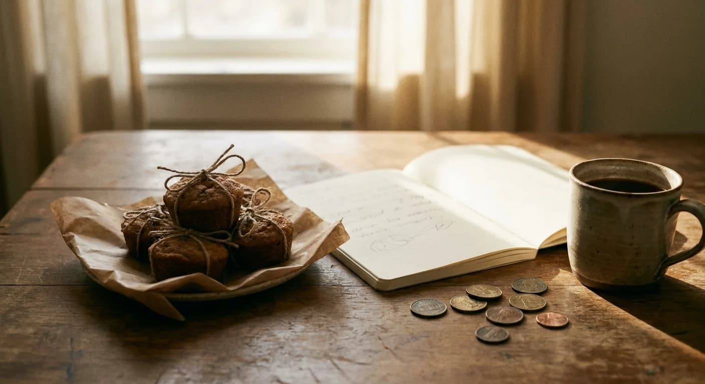 Close-up editorial photograph of a home baker's planning corner in warm morning light — a small stack of kraft-wrapped baked goods beside a plain notebook, a few loose coins, and a mug on a wooden table, warm cream, kraft, and amber tones, no faces, no phones, no readable text or numbers on any surface, documentary style, muted earthy palette, not styled stock photography