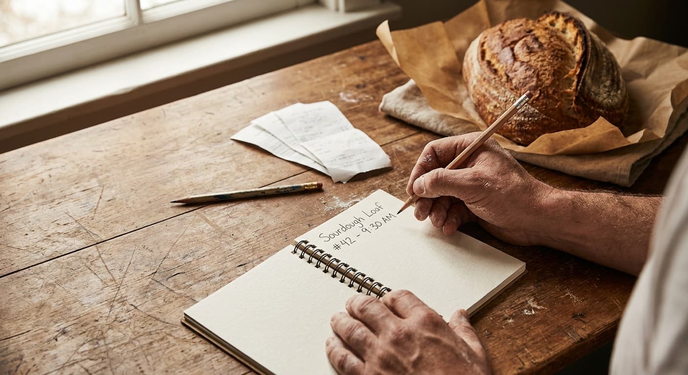 Close-up editorial photograph of a baker's hands writing numbers in a small open spiral notebook on a worn wooden kitchen table, a freshly baked sourdough loaf wrapped in kraft paper softly out of focus in the background, a pencil and small stack of receipts beside the notebook, warm natural window light from the left, no faces visible, no phone, no laptop, no text overlays, warm documentary style, muted earthy tones, not styled stock photography
