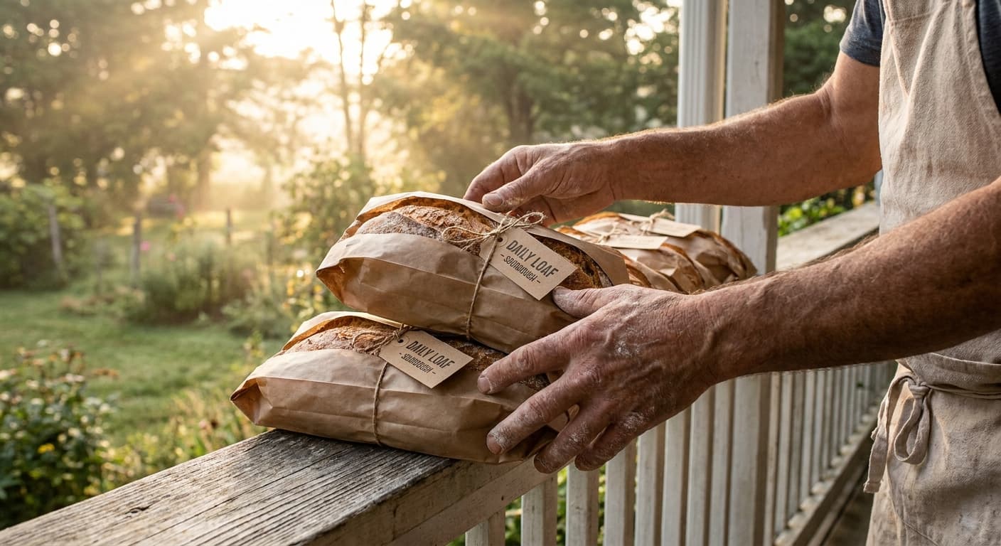 Editorial photograph of a baker's hands arranging brown paper bags of fresh bread on a wooden porch railing in soft morning light, kraft labels visible on each bag, no faces, warm documentary style, no text overlays