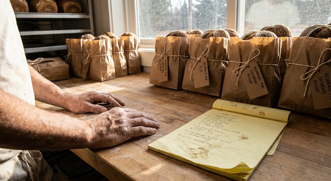 Editorial photograph of a baker's flour-dusted hands resting on a wooden countertop beside a handwritten order list on a yellow legal pad, several brown paper bags of bread lined up behind it ready for Saturday pickup, warm morning light, no faces visible, no phone, no laptop, no text overlays, documentary style, muted earthy tones, not styled stock photography