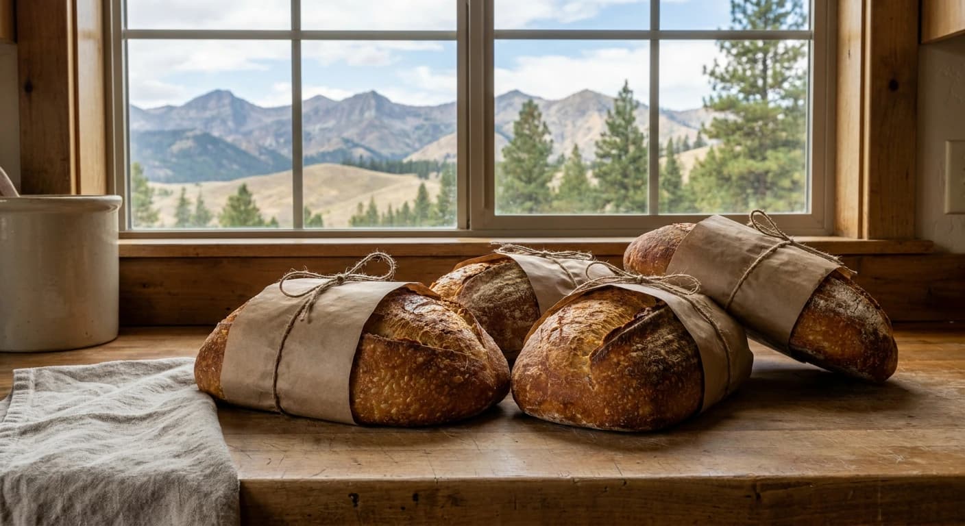 Fresh-baked sourdough loaves wrapped in kraft paper on a farmhouse kitchen counter, Idaho mountain landscape visible through a window, no people, no text visible