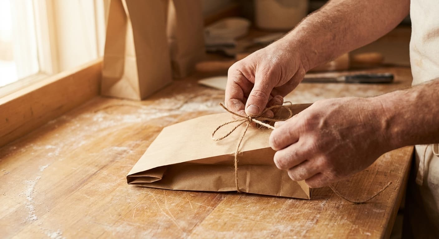 Close-up editorial photograph of a baker's flour-dusted hands tying natural twine around a folded kraft paper bag on a worn wooden workbench, warm soft natural light from a nearby window, additional kraft bags softly out of focus in the background, no faces visible, no phone, no laptop, no text, no labels, no tags with writing, warm amber tones, documentary editorial style, not styled stock photography