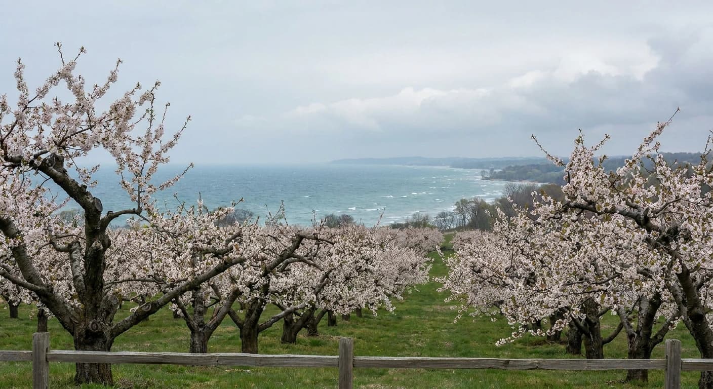 Michigan cherry orchard along the lakeshore