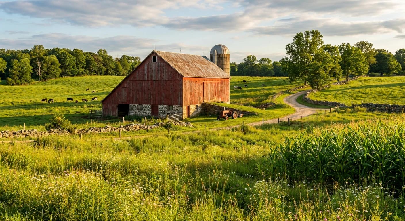 New Jersey farmland with a red barn and rolling green fields in summer light