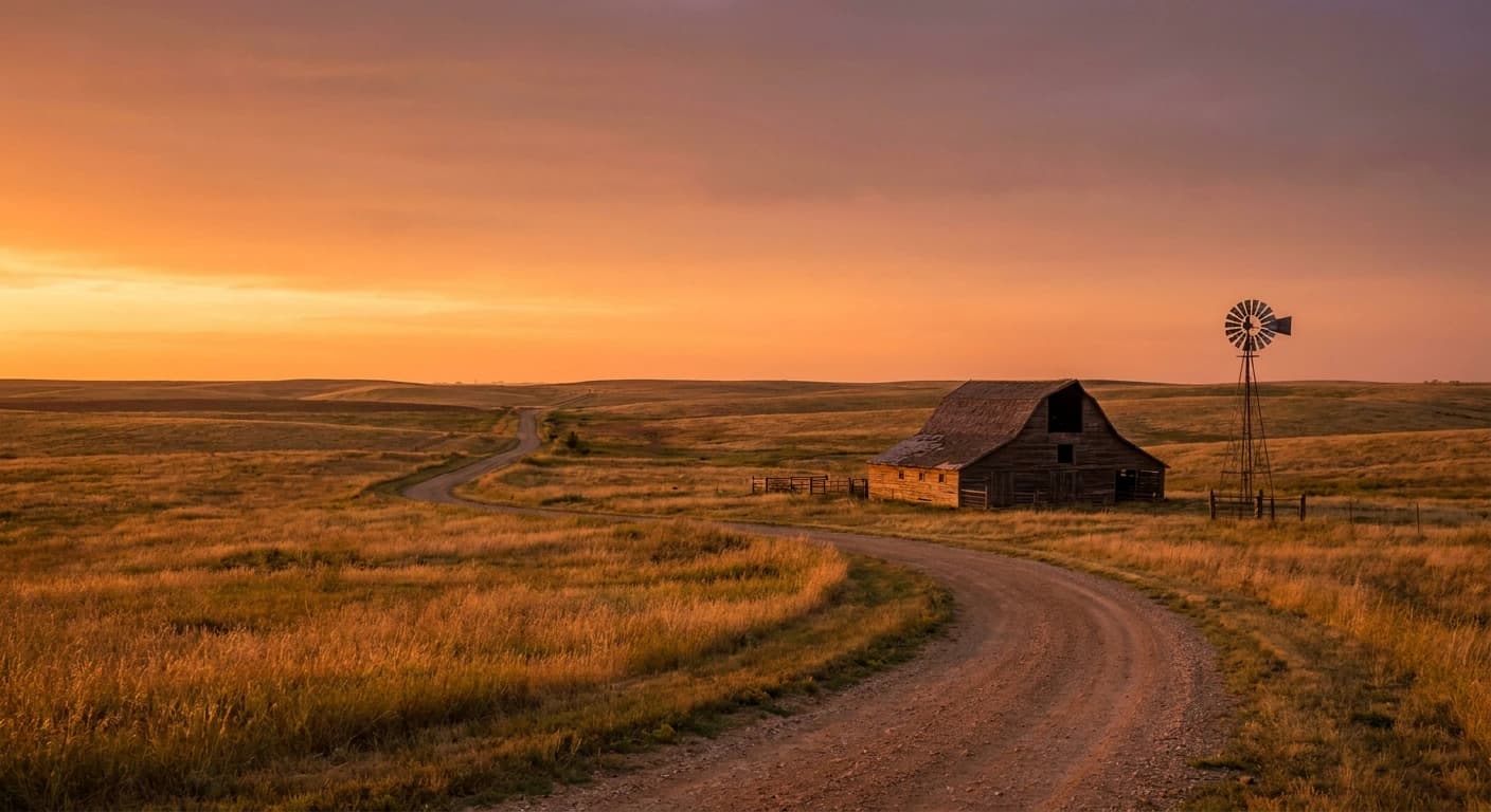 Oklahoma prairie and wheat fields at golden hour