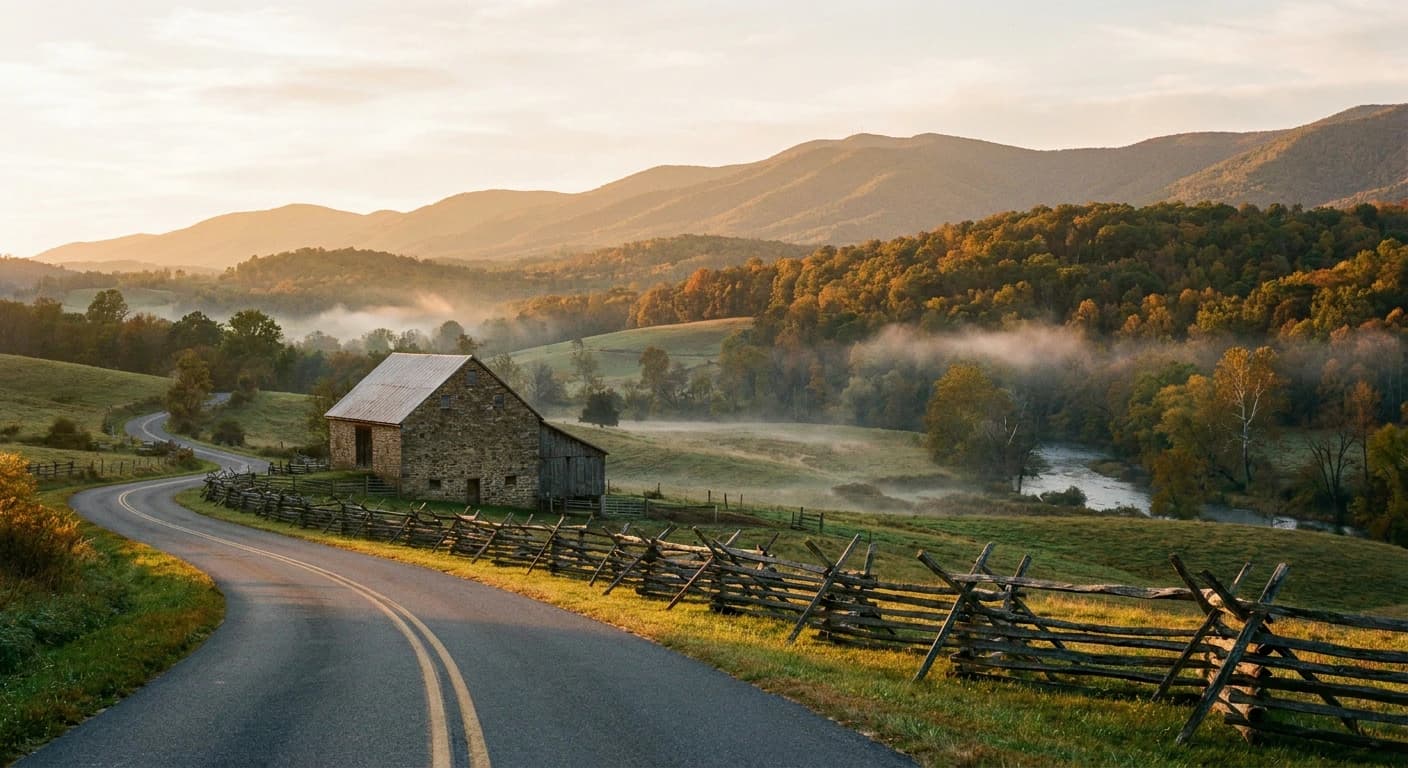 Rolling Virginia countryside with farmland and Blue Ridge Mountains