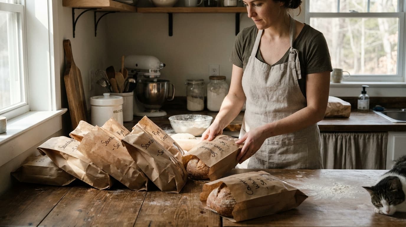 A home baker arranging labeled bread bags on a kitchen counter on Saturday morning, warm natural light