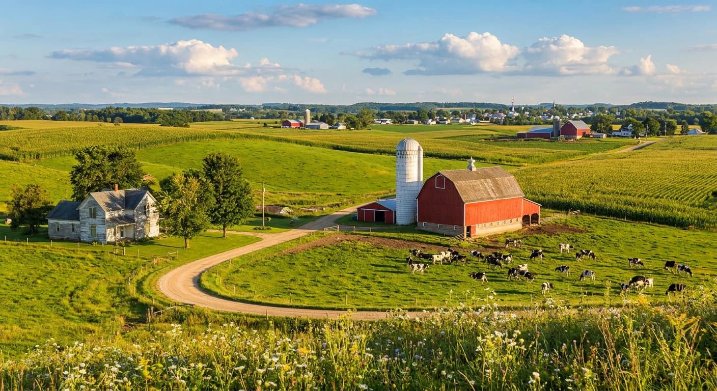 Wisconsin dairy farmland and rolling hills in summer