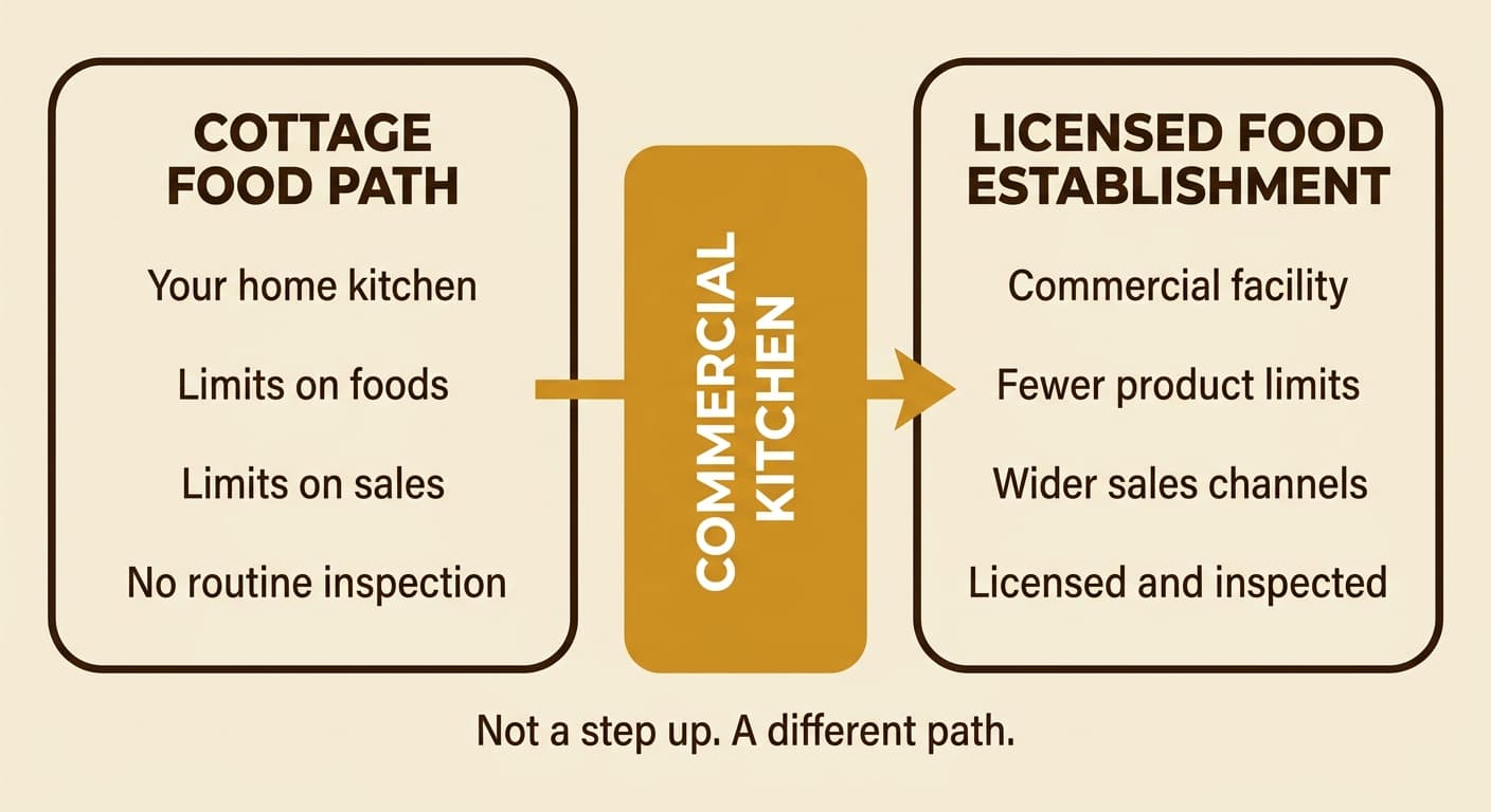 Cottage food exemption versus licensed food establishment, with a commercial kitchen as the doorway between them