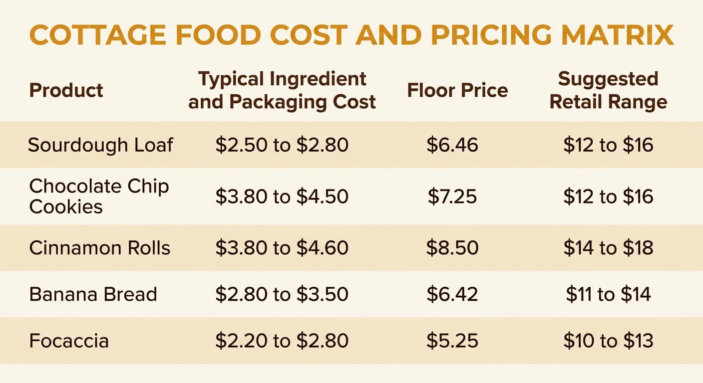 Flat editorial infographic on a plain warm cream background, no photography, no kitchen backdrop, no props. Title row in amber: COTTAGE FOOD COST AND PRICING MATRIX. Column headers in dark brown: Product, Typical Ingredient and Packaging Cost, Floor Price, Suggested Retail Range. Five data rows with subtle alternating cream and off-white dividers. Row 1: Sourdough Loaf, $2.50 to $2.80, $6.46, $12 to $16. Row 2: Chocolate Chip Cookies, $3.80 to $4.50, $7.25, $12 to $16. Row 3: Cinnamon Rolls, $3.80 to $4.60, $8.50, $14 to $18. Row 4: Banana Bread, $2.80 to $3.50, $6.42, $11 to $14. Row 5: Focaccia, $2.20 to $2.80, $5.25, $10 to $13. Clean sans-serif typography. Amber and dark brown on cream. No shadows, no borders, no texture, no background scene, no decorative elements, no photography.