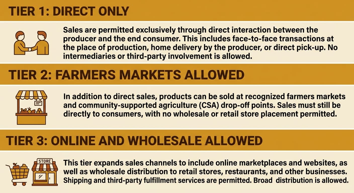 Flat digital infographic filling the entire image frame edge to edge. Three stacked horizontal tiers, each with a dark amber (#C8902A) header bar followed by a cream description row. Header bar text must read exactly: "TIER 1: DIRECT ONLY" then "TIER 2: FARMERS MARKETS ALLOWED" then "TIER 3: ONLINE AND WHOLESALE ALLOWED" — all three bars must include the tier number prefix. Left side of each row has a small flat vector icon: two people facing each other for Tier 1, a market stall for Tier 2, a shopping cart and storefront for Tier 3. Warm cream background (#F5EFE0), amber and dark brown (#3D2008) palette. Clean bold sans-serif type. No photography, no card sitting on any surface, no cold tones, fills the entire frame like a website screenshot. Do NOT render this as a card or object sitting on any surface.