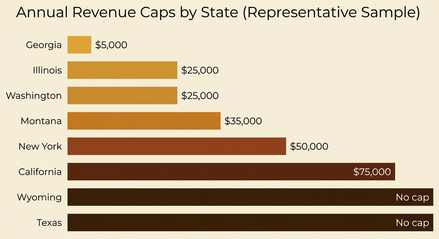 Flat digital infographic filling the entire image frame showing a horizontal bar chart comparing annual revenue caps across eight representative U.S. states — bars labeled left to right: Georgia "$5,000", Illinois "$25,000", Washington "$25,000", New York "$50,000", California "$75,000", Montana "$35,000", Wyoming "No cap", Texas "No cap" — bars drawn in graduated amber-to-dark-brown tones (#C8902A to #3D2008) from shortest to longest, warm cream background (#F5EFE0), clean sans-serif labels with dollar values at bar ends, state names on the left axis, title reads "Annual Revenue Caps by State (Representative Sample)" — no photography, no card-on-surface framing, flat vector graphic filling the entire frame edge to edge, no background scenes. Do NOT render this as a card or object sitting on any surface. This is a flat digital graphic filling the entire image frame, like a website screenshot, not a photograph of any object.