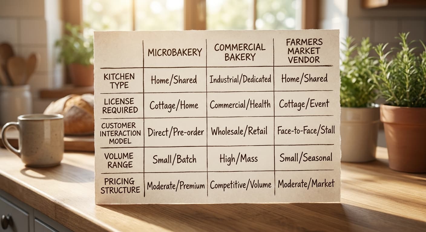 Clean comparison matrix showing microbakery versus commercial bakery versus farmers market vendor across five dimensions: kitchen type, license required, customer interaction model, volume range, and pricing structure