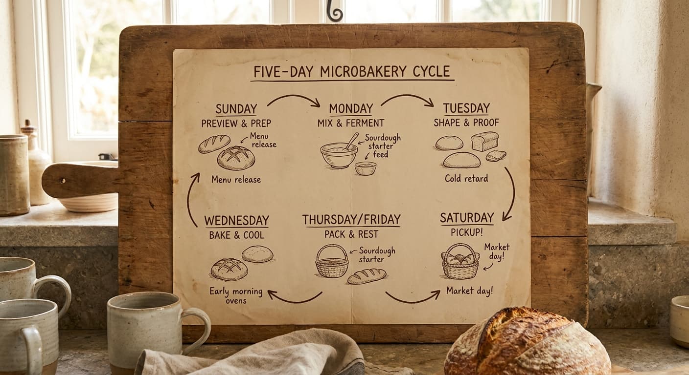 Annotated weekly rhythm diagram showing the five-day microbakery cycle from Sunday preview through Saturday pickup, with labeled milestones at each stage