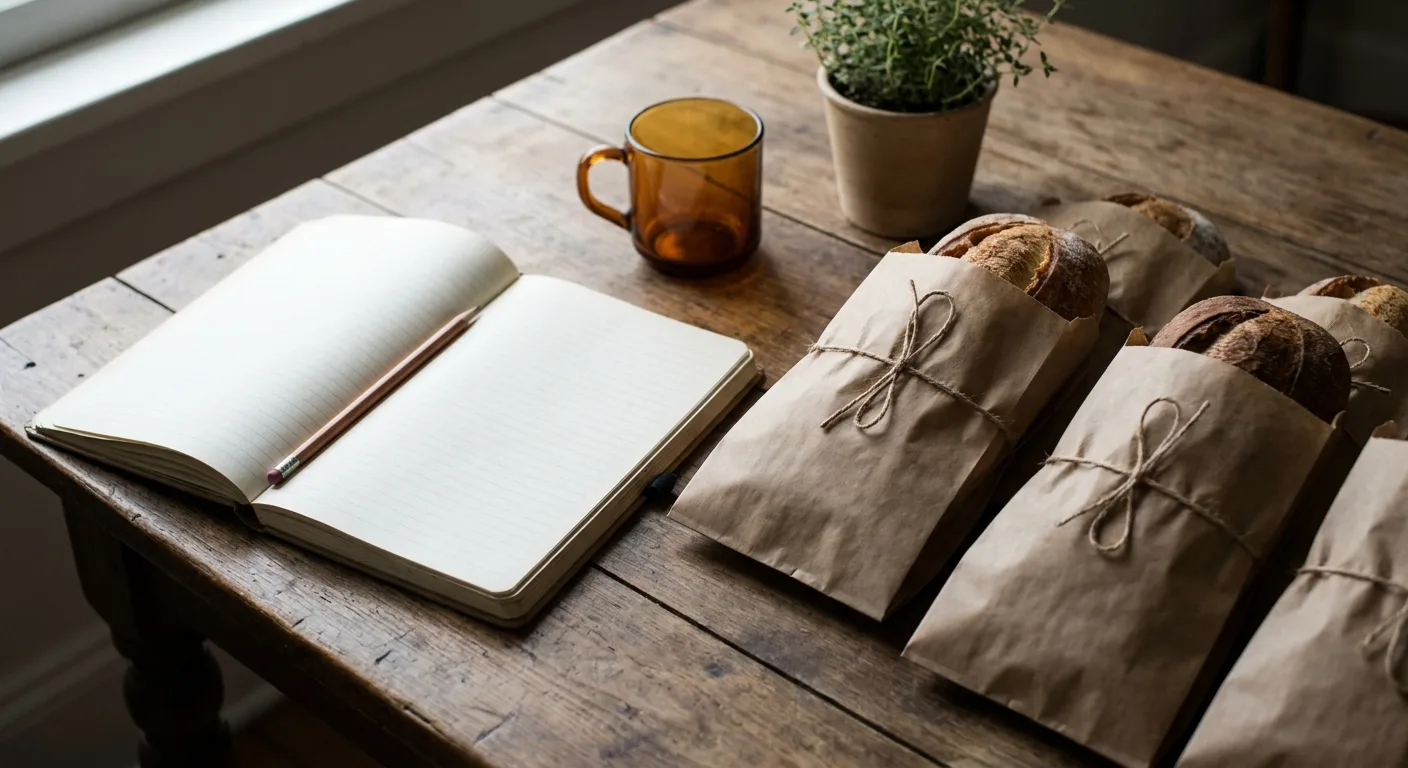 Close-up editorial photograph of an organized home-bakery order station on a warm wooden table: an open lined notebook beside a neat row of brown kraft paper bags of fresh bread ready for pickup, a pencil resting on the page, soft natural morning light from the left, warm cream and kraft tones with amber and dark-brown accents, no faces, no phones, no screens, no readable text or writing, documentary style, muted earthy palette, not styled stock photography