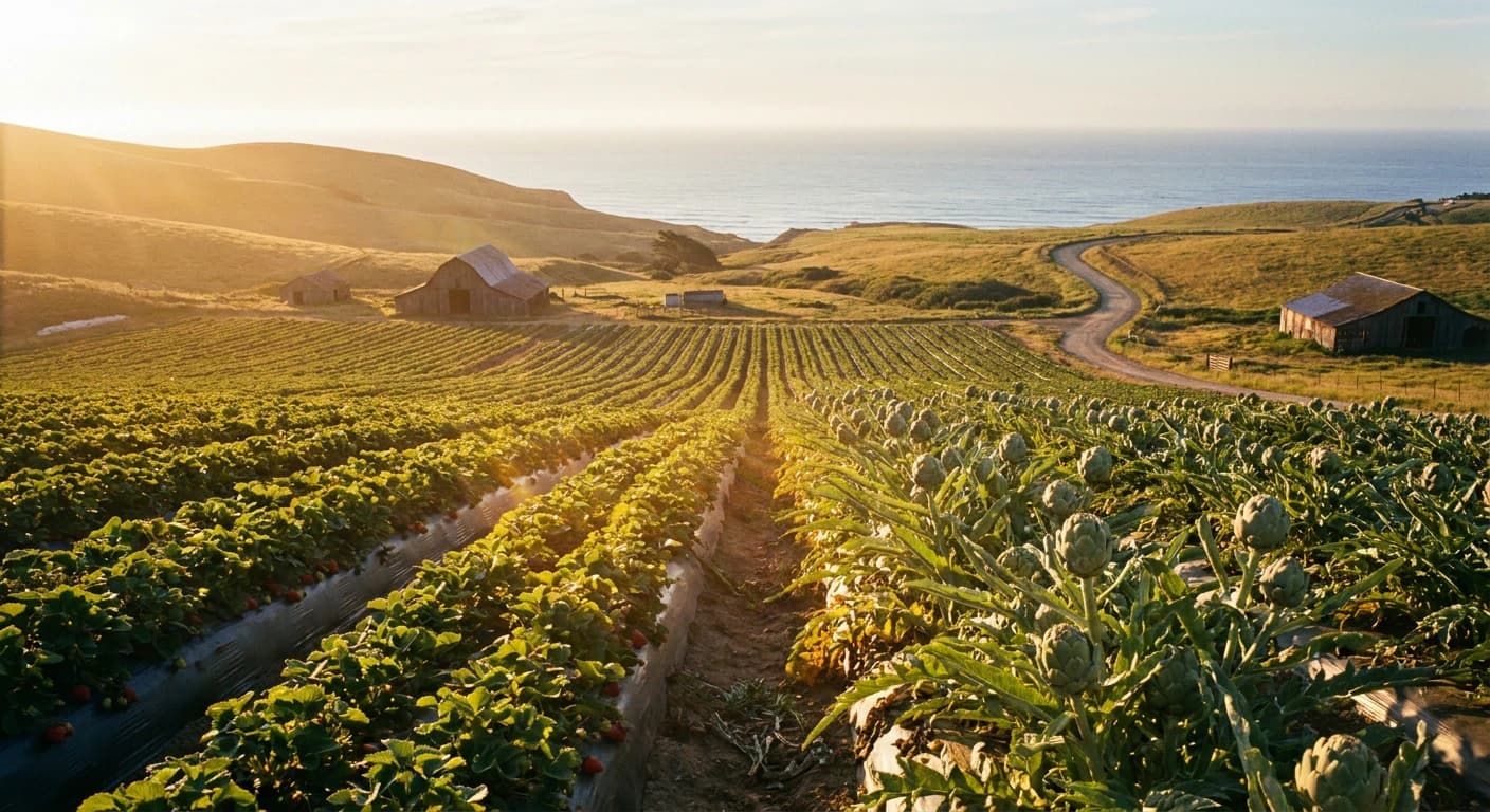 Rows of California coastal farmland in soft morning light