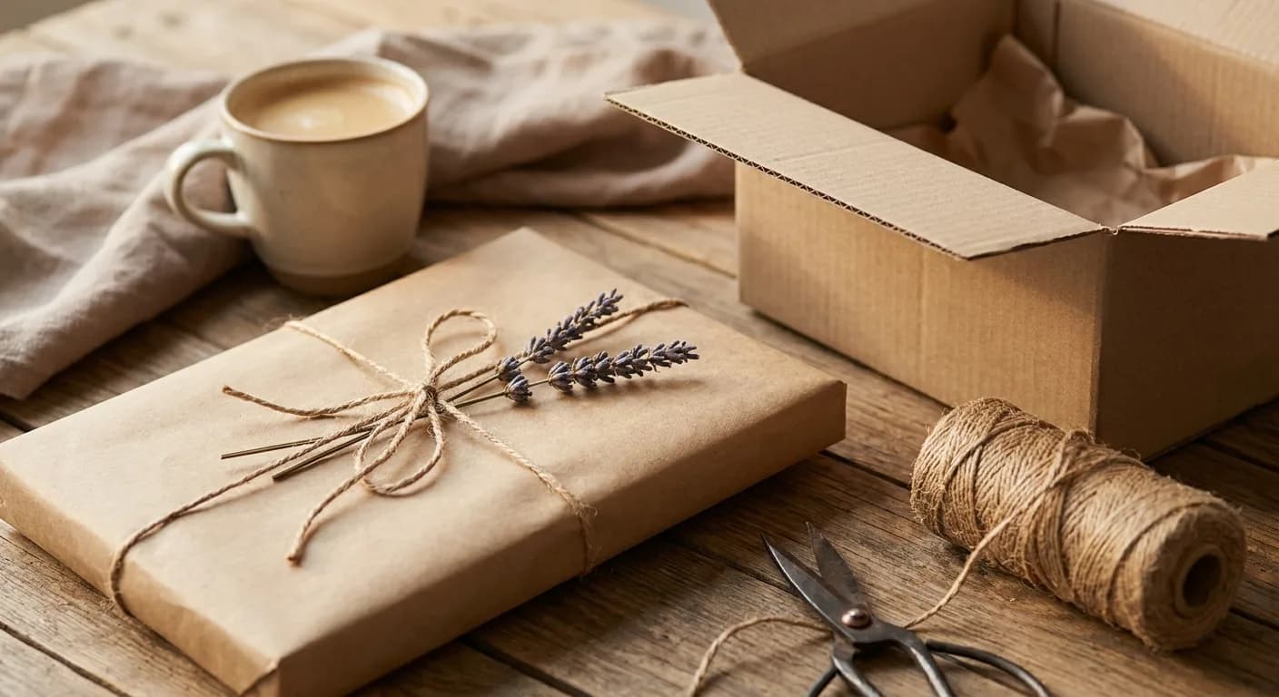 Close-up editorial photograph of a home baker's kraft-paper parcel of baked goods on a wooden table beside a roll of twine and a shipping-ready box, warm morning light, warm cream, kraft, and amber tones, no faces, no phones, no readable text or shipping labels, documentary style, muted earthy palette, not styled stock photography