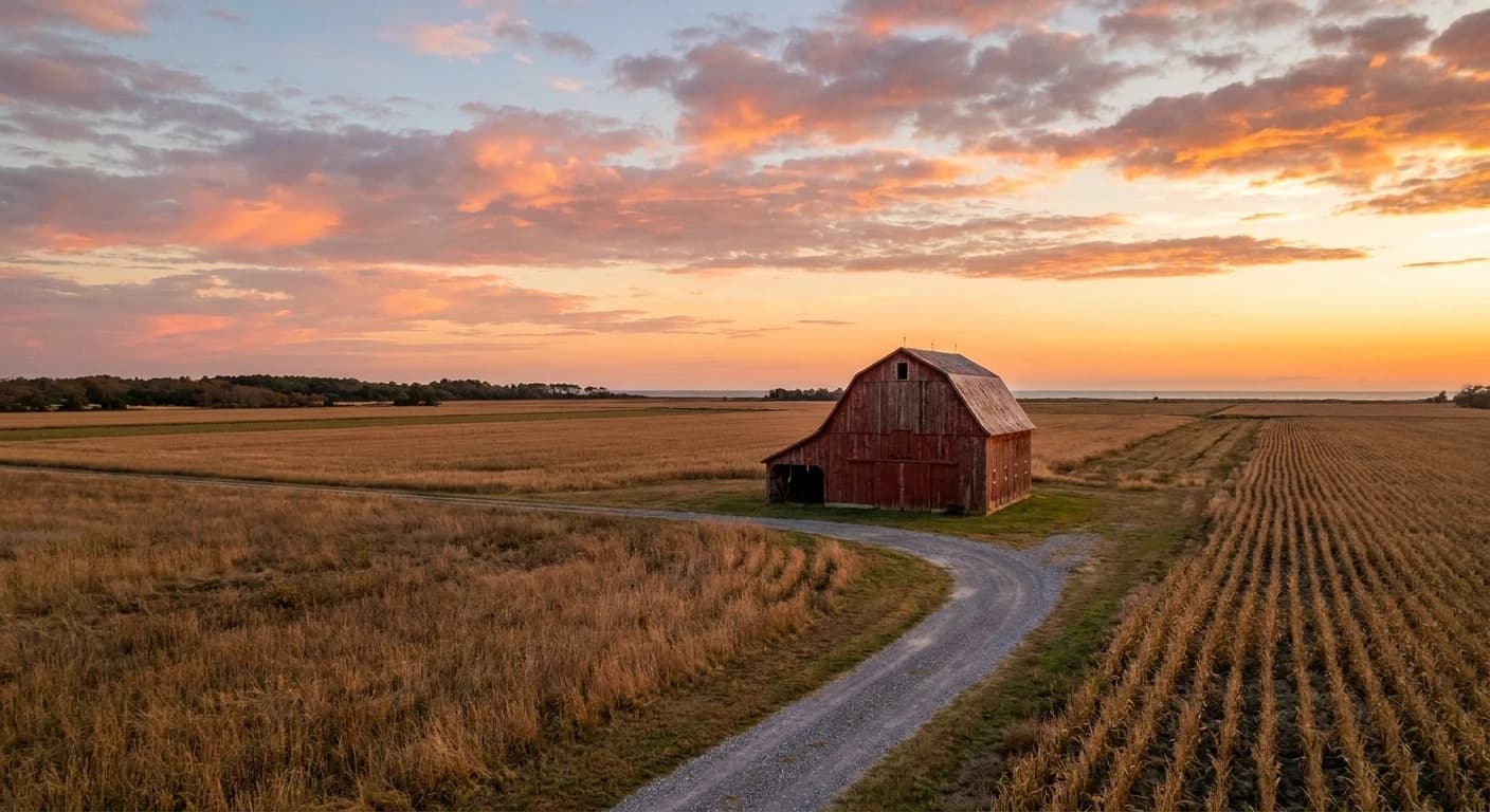Delaware coastal farmland with a red barn and open sky at golden hour, no people, no text visible