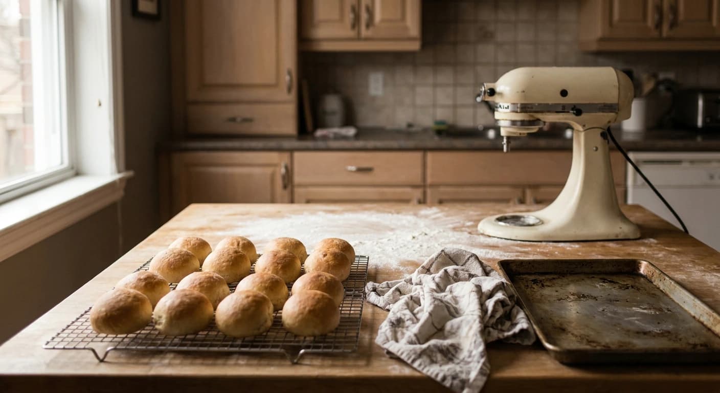 Close-up editorial photograph of a home kitchen mid-bake, flour-dusted wooden countertop with a domestic stand mixer to one side, cooling racks of golden bread rolls in the foreground, a folded tea towel and a worn baking sheet nearby, warm natural window light from the left, ordinary residential kitchen cabinets softly out of focus behind, no faces, no people, no text, no labels, no signage, warm documentary style, muted earthy tones, not styled stock photography