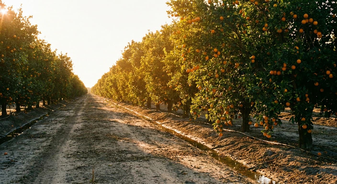 Florida citrus grove at sunset