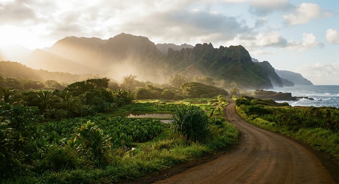 Hawaiian coastal landscape with lush tropical greenery and ocean horizon at golden hour