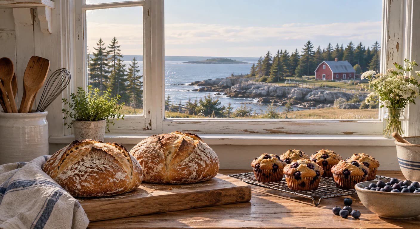 Fresh sourdough and blueberry muffins on a farmhouse kitchen counter beside a window overlooking Maine's rocky coast, evergreen pines, and a red barn