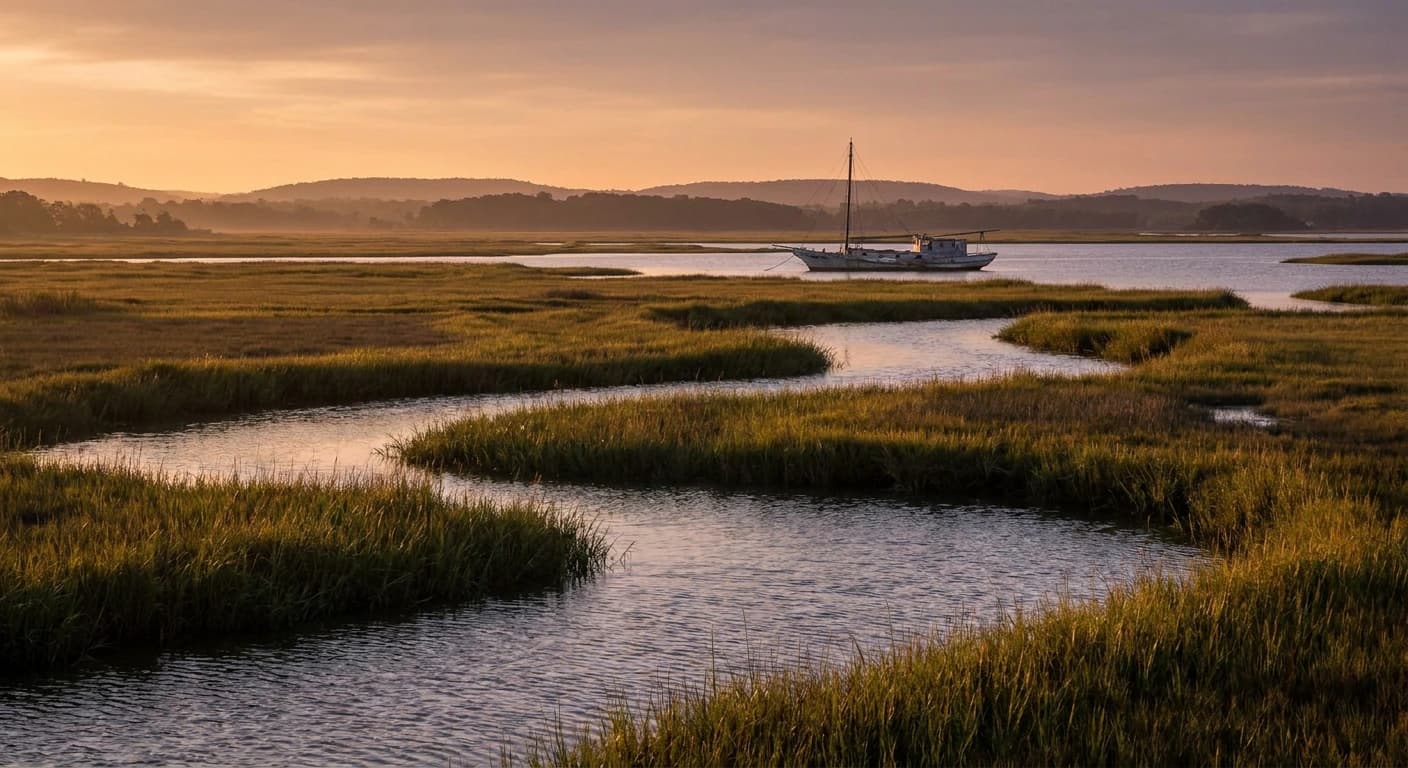Maryland tidal marshland and waterways at golden hour