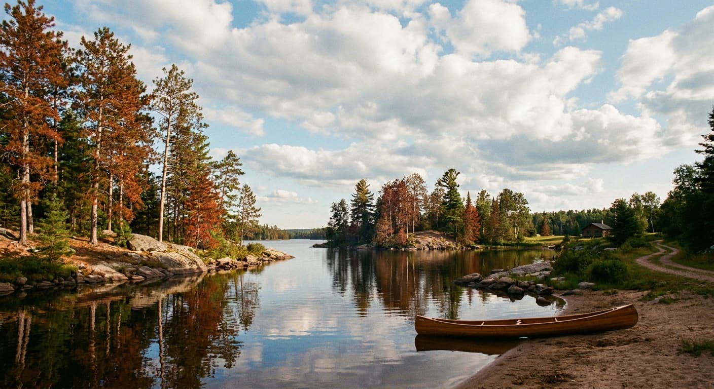 Minnesota lakeside landscape with pines and open sky
