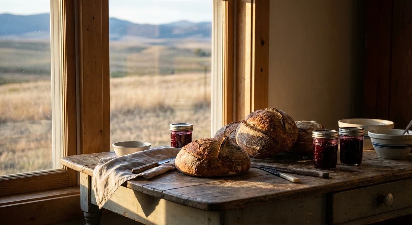 Editorial photograph of rustic homemade bread loaves and jam jars on a weathered wooden farmhouse table, warm golden hour light streaming through a kitchen window, Montana prairie landscape blurred in the background, no people, no faces, no text, no logos, documentary style
