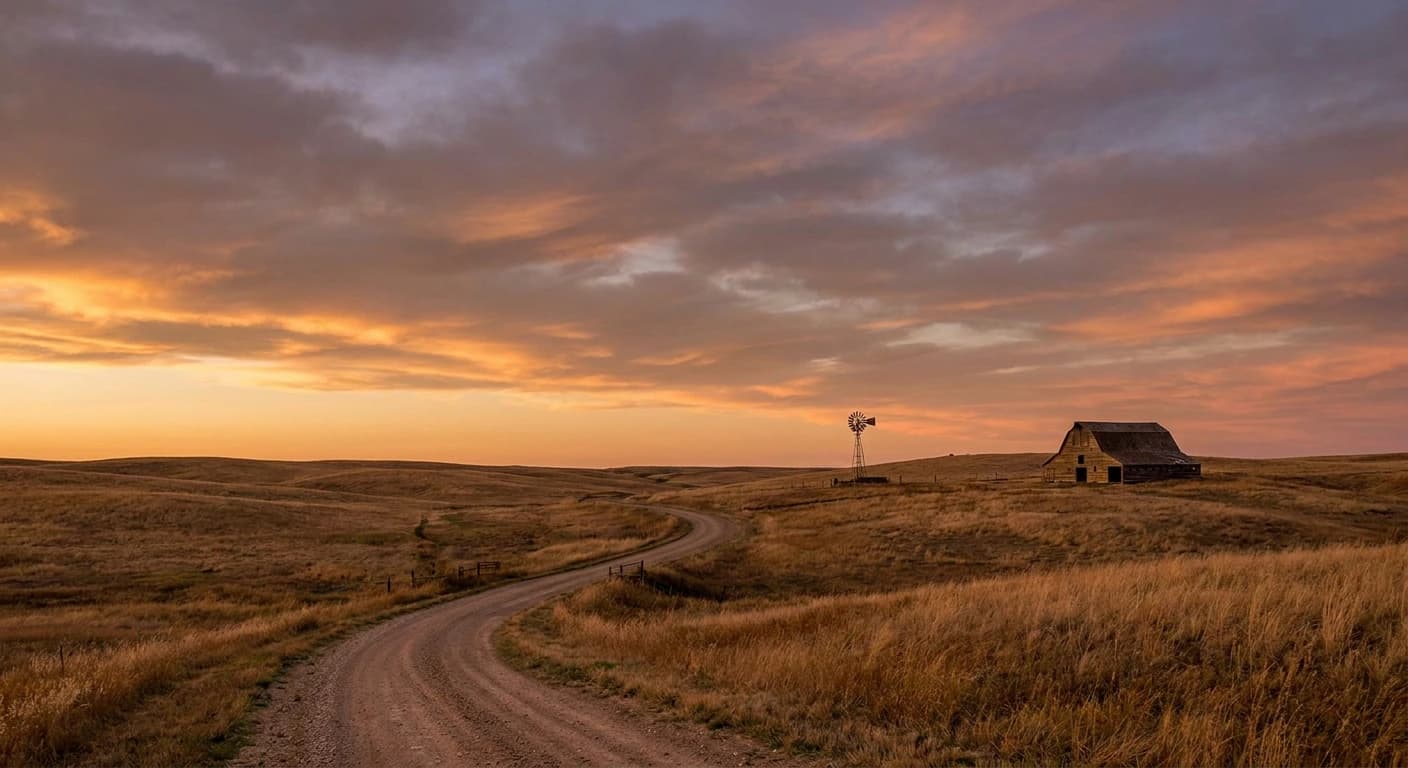 Nebraska prairie road with a barn and windmill at sunset