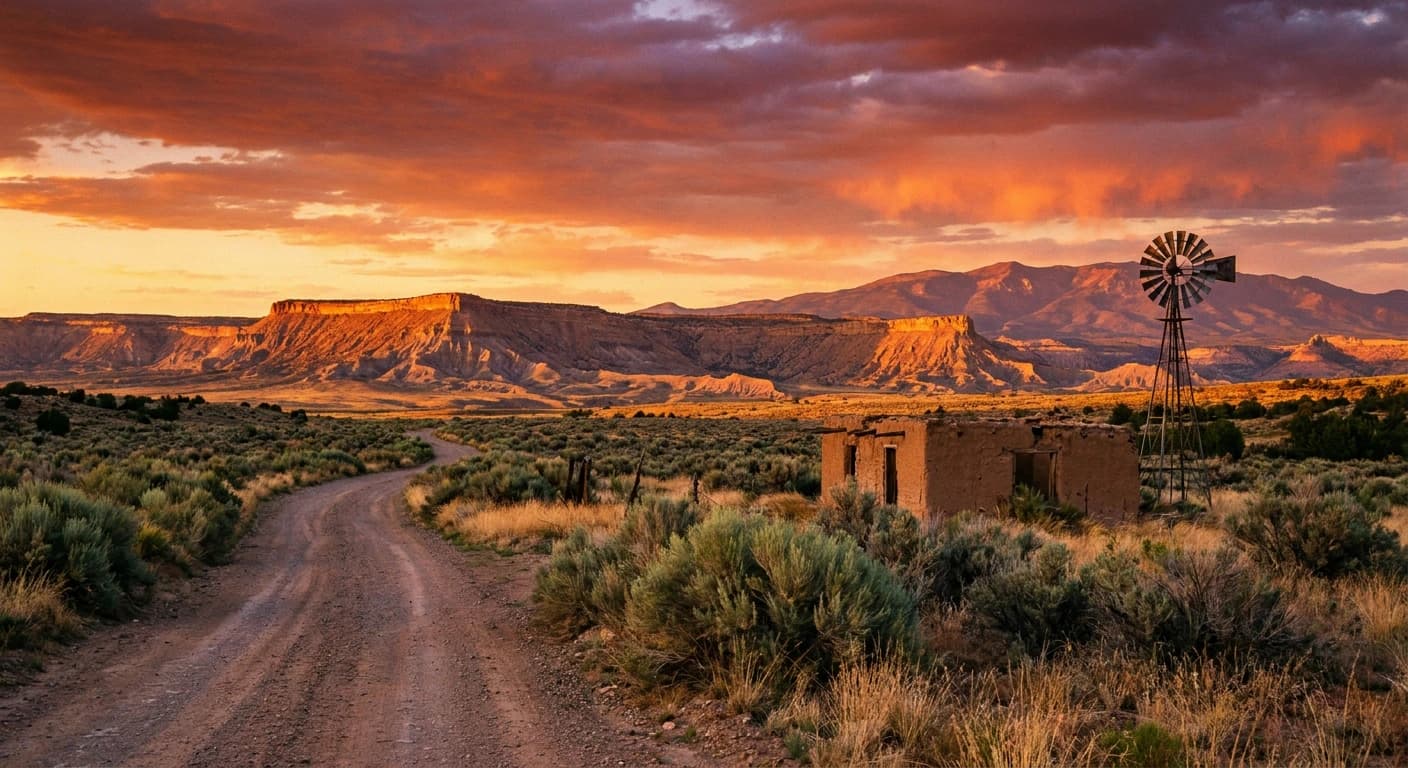 New Mexico high-desert landscape with adobe architecture and sagebrush at golden hour
