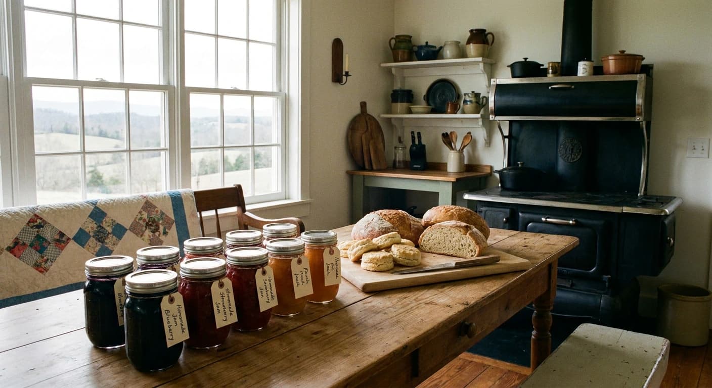 North Carolina farmhouse kitchen with jars of jam and fresh-baked bread on a wooden table