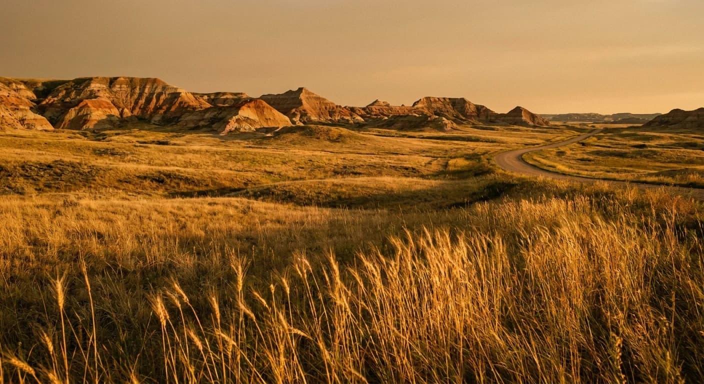 Editorial photograph of North Dakota badlands at golden hour, rolling grasslands with prairie grass and wheat shafts in foreground, buttes on the horizon, no people, no text, no logos, documentary photography style